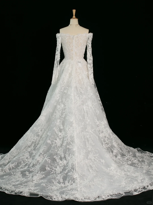 Hermoso vestido de novia, vestido de fiesta, hombros descubiertos, blanco, manga larga, encaje, vestidos de novia vintage, vestidos de novia, vestido de novia DH379