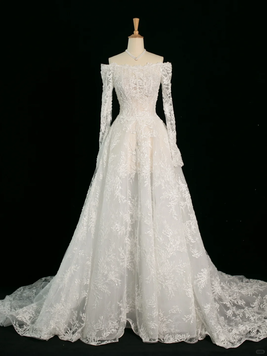 Hermoso vestido de novia, vestido de fiesta, hombros descubiertos, blanco, manga larga, encaje, vestidos de novia vintage, vestidos de novia, vestido de novia DH379
