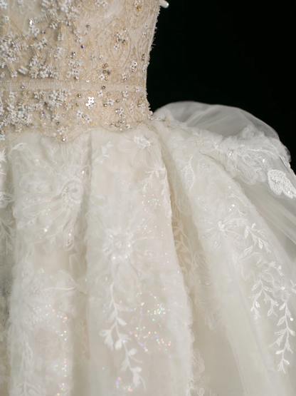Elegante vestido de novia largo de verano con escote corazón, sin mangas, de encaje blanco, DH381