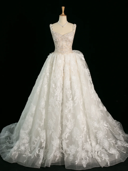 Elegante vestido de novia largo de verano con escote corazón, sin mangas, de encaje blanco, DH381
