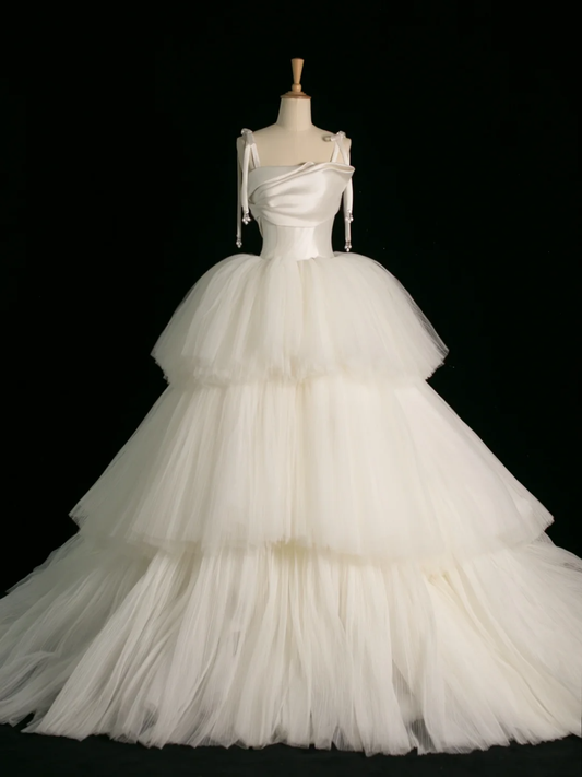 Elegante vestido de novia, vestido de fiesta, tirantes finos, tul, sin mangas, blanco, de verano, largo, para novia, DH382