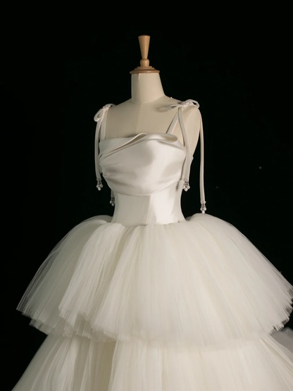 Elegante vestido de novia, vestido de fiesta, tirantes finos, tul, sin mangas, blanco, de verano, largo, para novia, DH382