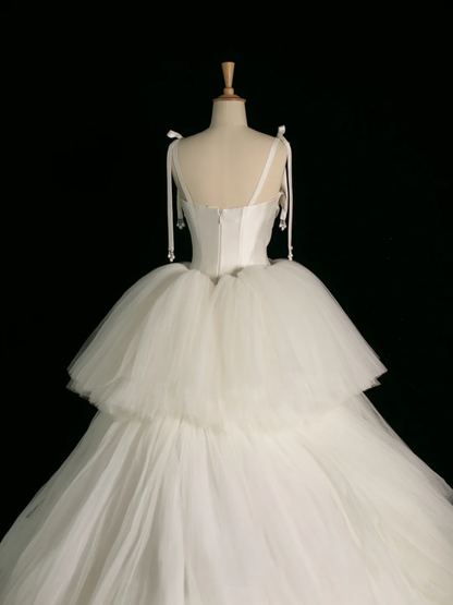 Elegante vestido de novia, vestido de fiesta, tirantes finos, tul, sin mangas, blanco, de verano, largo, para novia, DH382