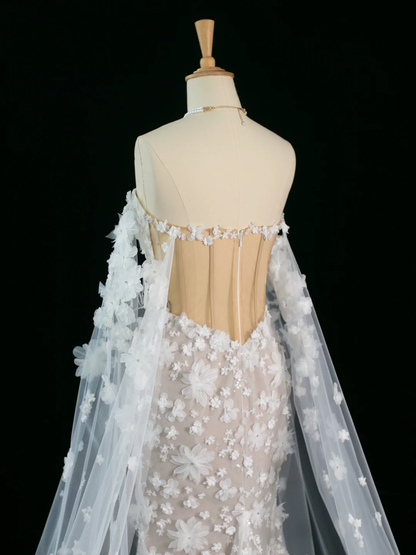 Hermoso vestido de novia estilo sirena con hombros descubiertos, blanco, mangas largas, encaje, estilo vintage, DH383