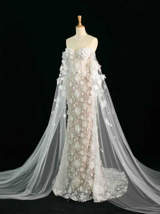 Hermoso vestido de novia estilo sirena con hombros descubiertos, blanco, mangas largas, encaje, estilo vintage, DH383