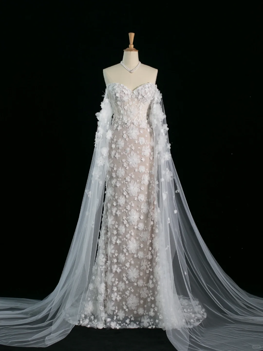 Hermoso vestido de novia estilo sirena con hombros descubiertos, blanco, mangas largas, encaje, estilo vintage, DH383