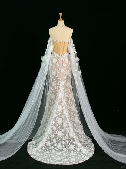 Hermoso vestido de novia estilo sirena con hombros descubiertos, blanco, mangas largas, encaje, estilo vintage, DH383