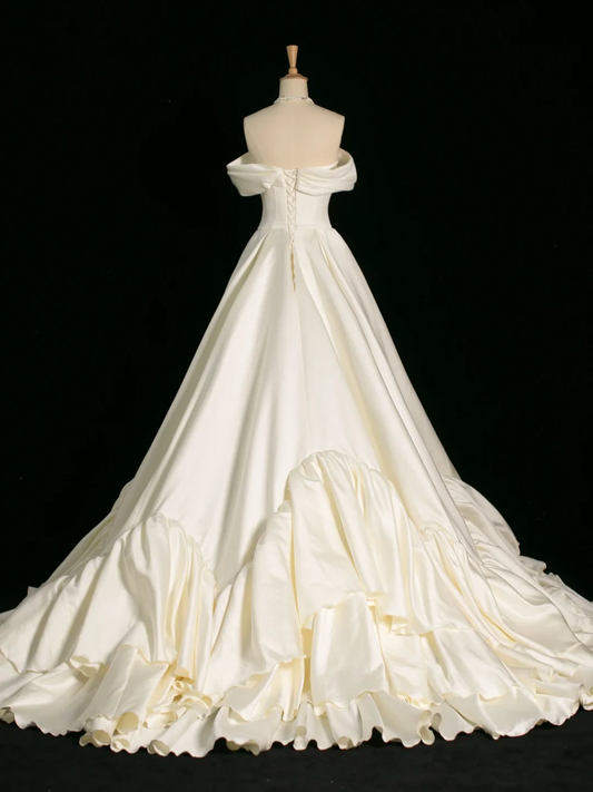 Hermoso vestido de novia, vestido de fiesta, hombros descubiertos, mangas cortas, satén, largo, vintage, DH386
