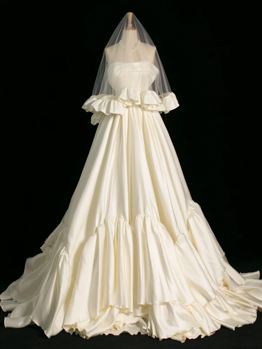 Hermoso vestido de novia, vestido de fiesta, hombros descubiertos, mangas cortas, satén, largo, vintage, DH386