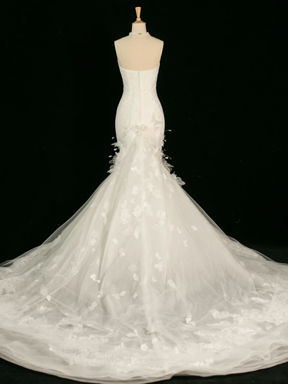 Hermoso vestido de novia estilo sirena con escote corazón, encaje blanco, largo, vintage, DH387