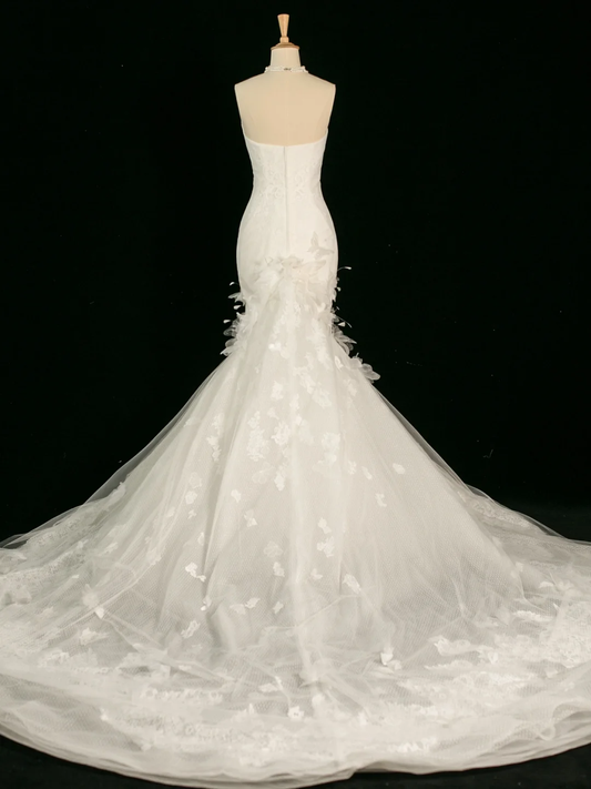 Hermoso vestido de novia estilo sirena con escote corazón, encaje blanco, largo, vintage, DH387