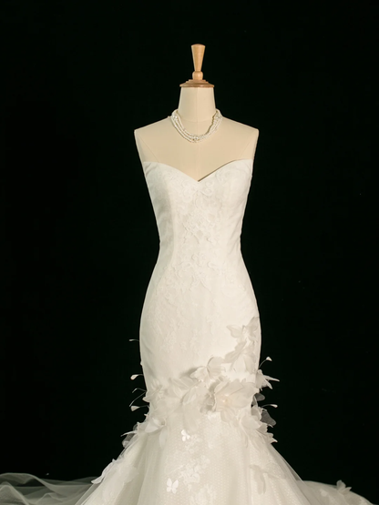Hermoso vestido de novia estilo sirena con escote corazón, encaje blanco, largo, vintage, DH387