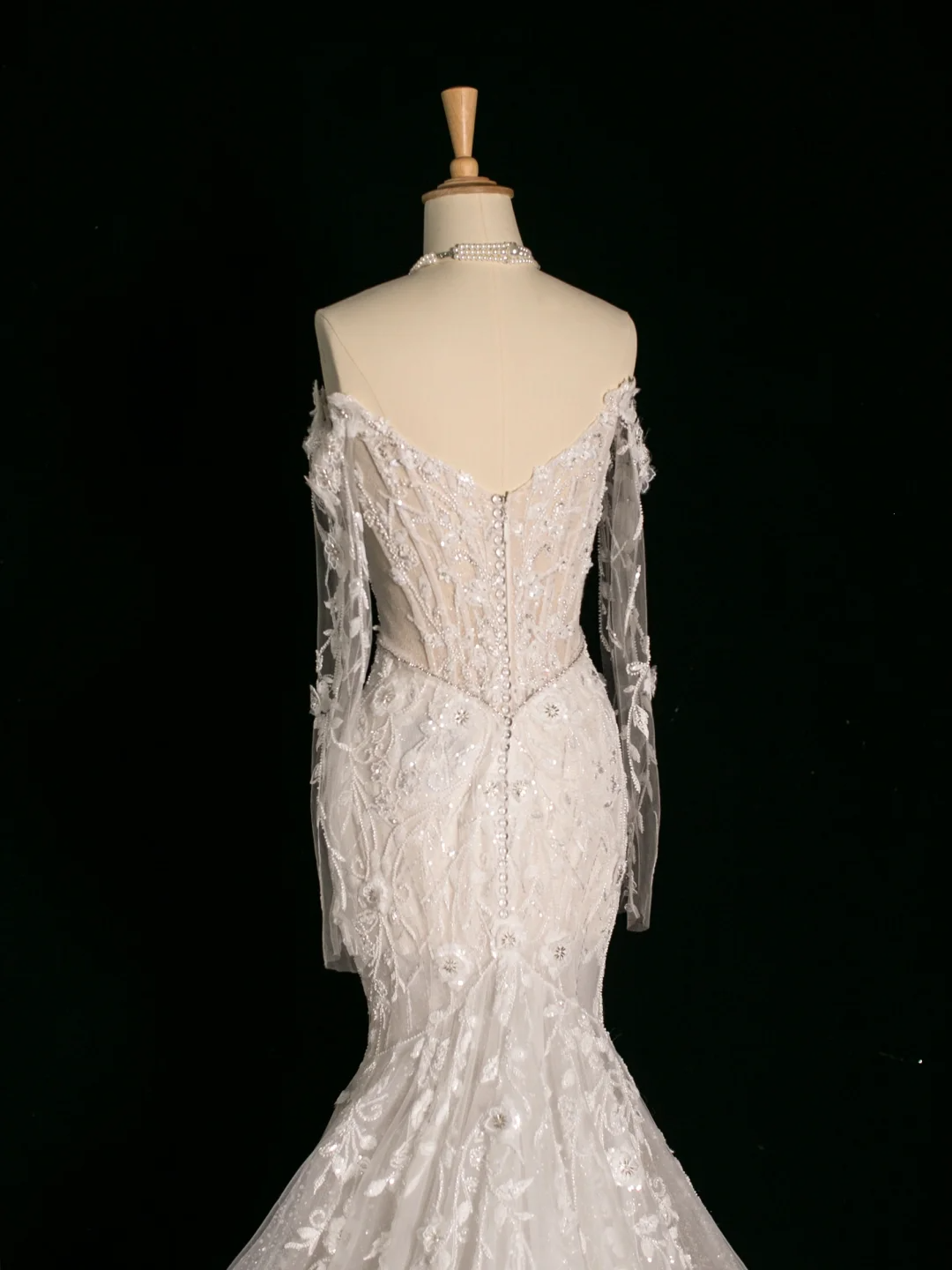 Vestido de novia elegante de corte sirena con hombros descubiertos, blanco, manga larga, encaje, estilo vintage, DH387