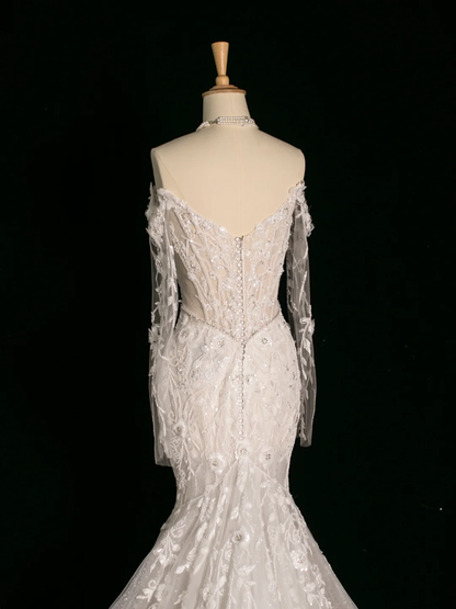 Vestido de novia elegante de corte sirena con hombros descubiertos, blanco, manga larga, encaje, estilo vintage, DH387
