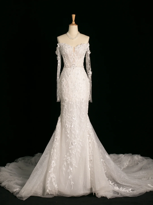 Vestido de novia elegante de corte sirena con hombros descubiertos, blanco, manga larga, encaje, estilo vintage, DH387