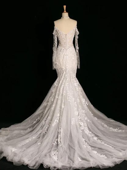 Vestido de novia elegante de corte sirena con hombros descubiertos, blanco, manga larga, encaje, estilo vintage, DH387