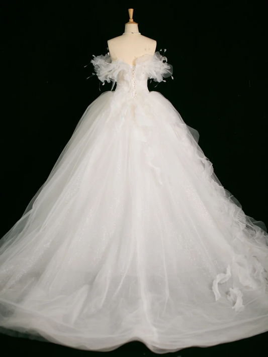 Elegante vestido de novia, vestido de fiesta, hombros descubiertos, manga corta, tul blanco, vestidos de novia largos de verano, vestido de novia, vestidos de novia DH388