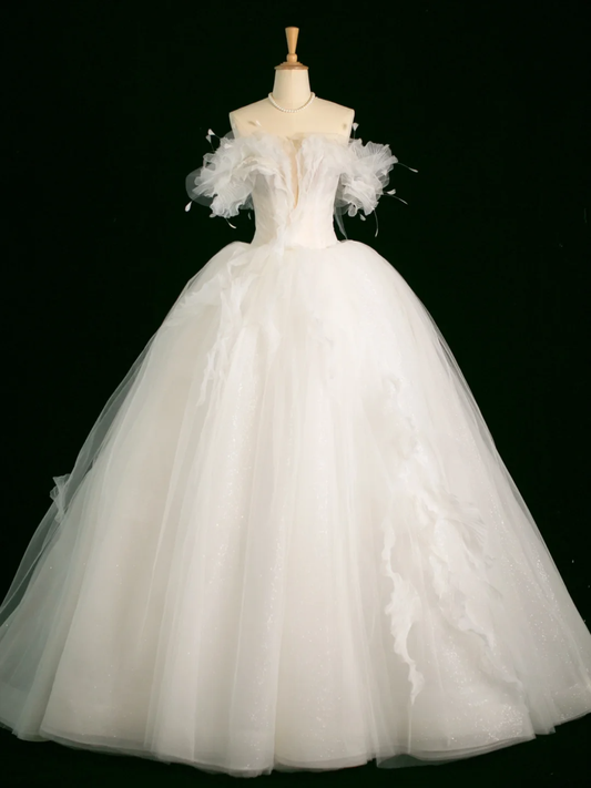 Elegante vestido de novia, vestido de fiesta, hombros descubiertos, manga corta, tul blanco, vestidos de novia largos de verano, vestido de novia, vestidos de novia DH388