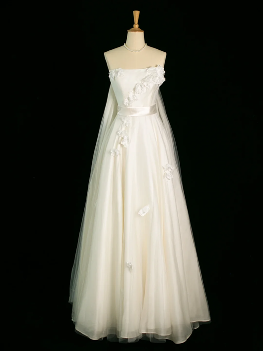 Hermoso vestido de novia de corte A, sin tirantes, de tul blanco, largo, vintage, DH389