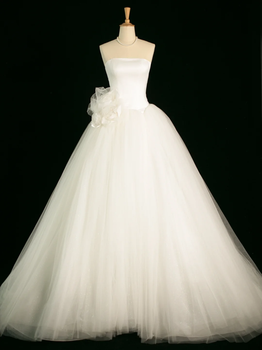 Elegante vestido de novia, sin tirantes, de tul blanco, largo, de verano, DH390