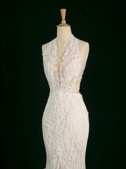 Hermoso vestido de novia estilo sirena, escote en V, sin mangas, encaje, largo, vintage, DH391