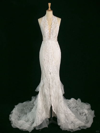 Hermoso vestido de novia estilo sirena, escote en V, sin mangas, encaje, largo, vintage, DH391