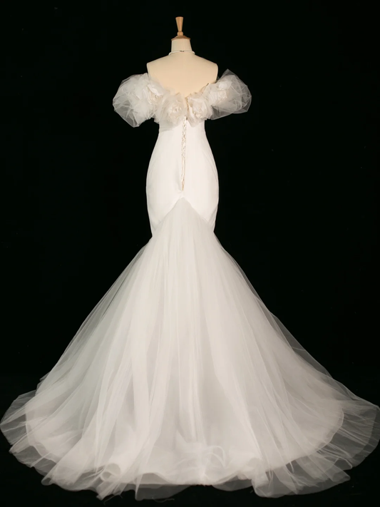 Hermoso vestido de novia estilo sirena con hombros descubiertos, mangas cortas, tul, largo, vintage, DH392