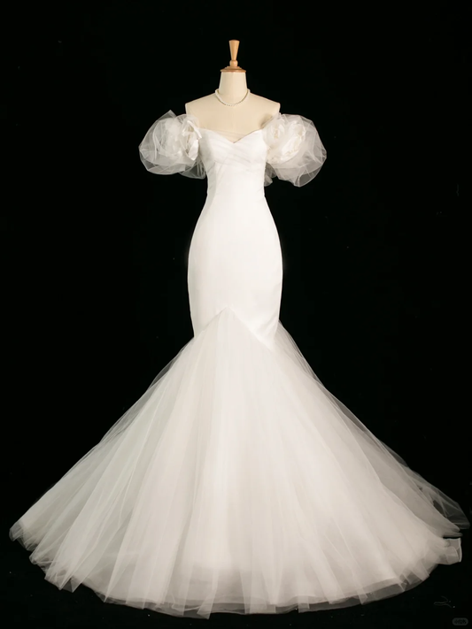 Hermoso vestido de novia estilo sirena con hombros descubiertos, mangas cortas, tul, largo, vintage, DH392