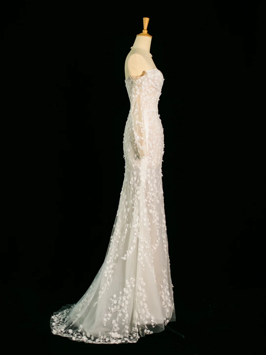 Vestido de novia elegante de corte sirena con hombros descubiertos, blanco, manga larga, encaje, estilo vintage, DH393