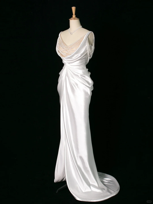 Vestido de novia elegante de corte sirena con tirantes finos, de satén blanco, sin mangas, largo, vintage, DH395
