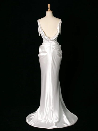 Vestido de novia elegante de corte sirena con tirantes finos, de satén blanco, sin mangas, largo, vintage, DH395