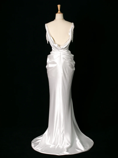 Vestido de novia elegante de corte sirena con tirantes finos, de satén blanco, sin mangas, largo, vintage, DH395