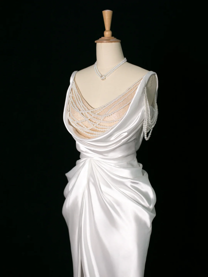 Vestido de novia elegante de corte sirena con tirantes finos, de satén blanco, sin mangas, largo, vintage, DH395