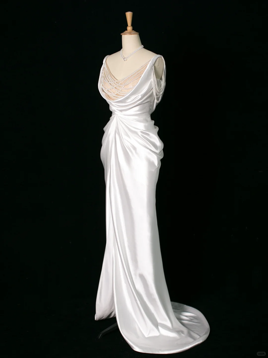 Vestido de novia elegante de corte sirena con tirantes finos, de satén blanco, sin mangas, largo, vintage, DH395