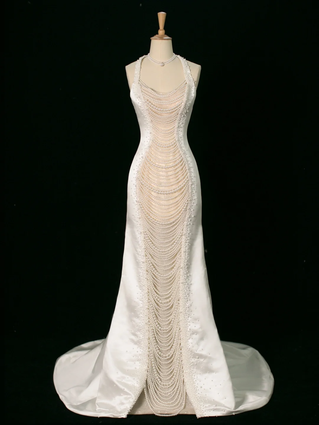Vestido de novia elegante de corte sirena, estilo halter, de satén blanco, sin mangas, largo, vintage, DH394