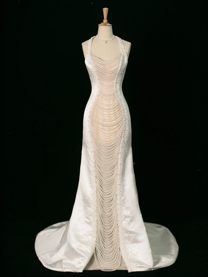Vestido de novia elegante de corte sirena, estilo halter, de satén blanco, sin mangas, largo, vintage, DH394