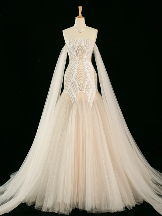 Hermoso vestido de novia estilo sirena con hombros descubiertos, mangas largas de tul, estilo vintage, DH396