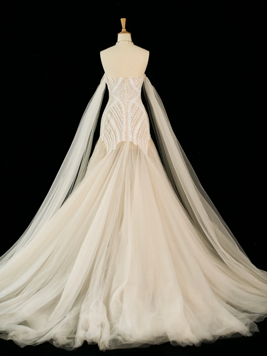 Hermoso vestido de novia estilo sirena con hombros descubiertos, mangas largas de tul, estilo vintage, DH396