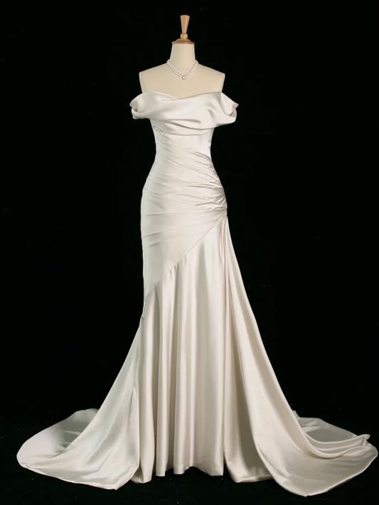 Hermoso vestido de novia estilo sirena, hombros descubiertos, mangas cortas, satén, largo, vintage, DH397