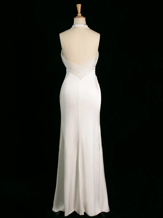 Vestido de novia elegante de corte sirena, estilo halter, de gasa blanca, sin mangas, largo, vintage, DH398