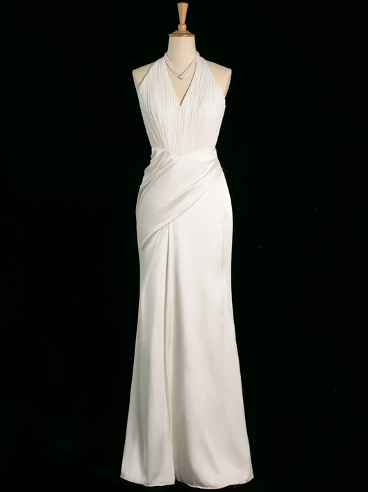 Vestido de novia elegante de corte sirena, estilo halter, de gasa blanca, sin mangas, largo, vintage, DH398