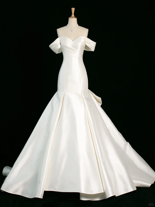 Hermoso vestido de novia estilo sirena, hombros descubiertos, mangas cortas, satén, largo, vintage, DH399