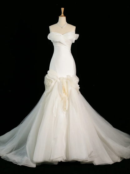 Hermoso vestido de novia estilo sirena con escote corazón de tul blanco, largo, vintage, DH400