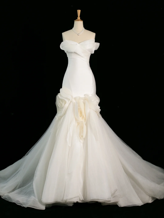 Hermoso vestido de novia estilo sirena con escote corazón de tul blanco, largo, vintage, DH400