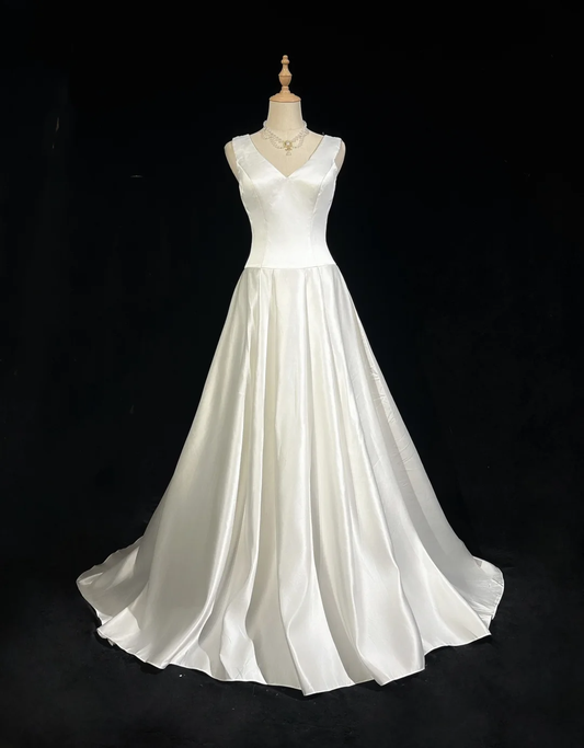Vestido de novia vintage, corte A, escote en V, satén blanco, sin mangas, largo, vintage, DH401