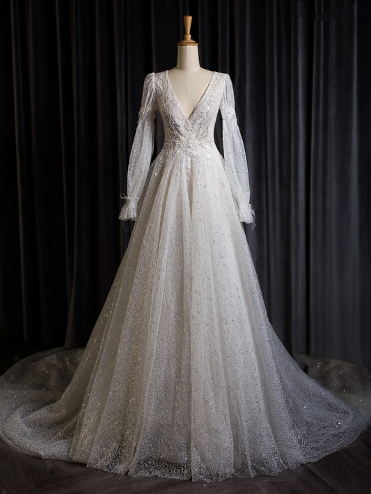 Vestido de novia vintage, corte A, escote en V, blanco, manga larga, lentejuelas, largo, DH402