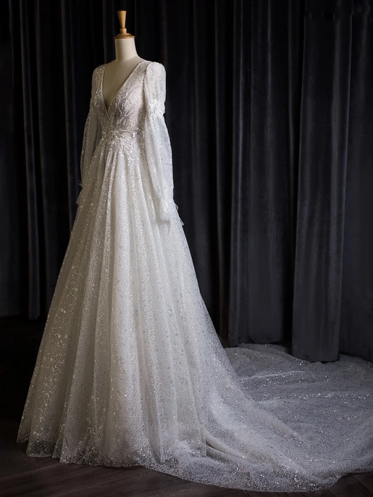 Vestido de novia vintage, corte A, escote en V, blanco, manga larga, lentejuelas, largo, DH402