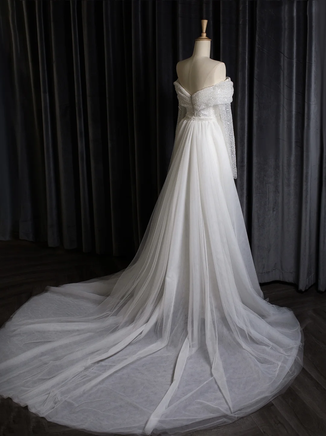 Vestido de novia vintage de corte sirena con hombros descubiertos, blanco, manga larga, lentejuelas, DH403