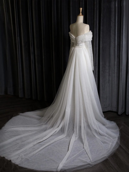 Vestido de novia vintage de corte sirena con hombros descubiertos, blanco, manga larga, lentejuelas, DH403
