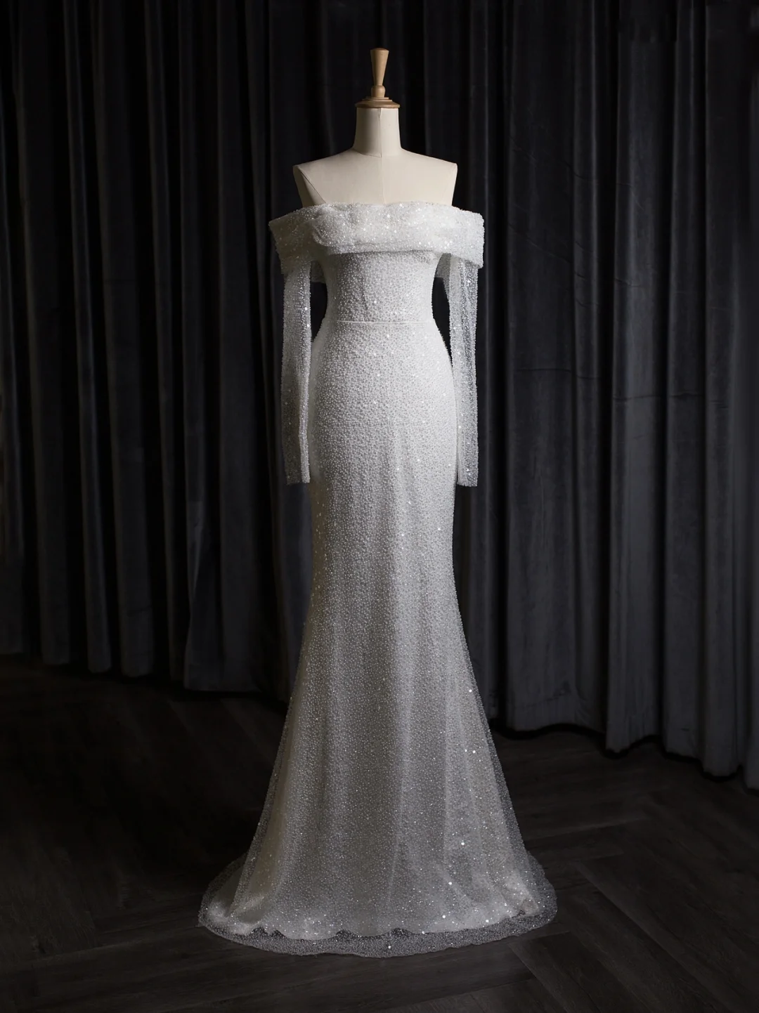 Vestido de novia vintage de corte sirena con hombros descubiertos, blanco, manga larga, lentejuelas, DH403